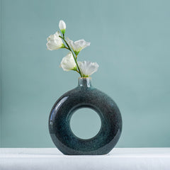 Textured Blue-Green Donut Vase