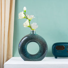 Textured Blue-Green Donut Vase