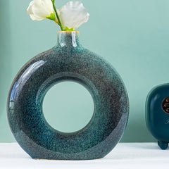 Textured Blue-Green Donut Vase