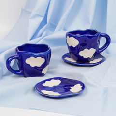 Navy Blue Cloud-Patterned Ceramic Cup and Saucer Set