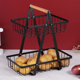 Black Two-Tier Metal Storage Basket - Kitchen Organizer with Wooden Handle