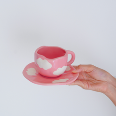 Pink with White Cloud Ceramic Cup and Saucer Set
