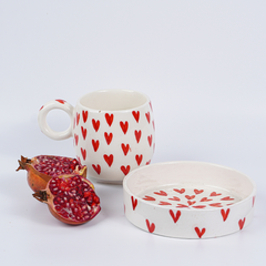 White with Red Heart Ceramic Mug and Plate Set