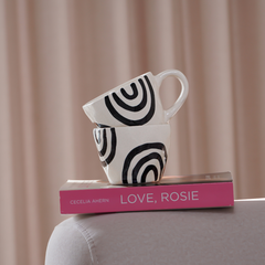 White Ceramic Mug with Hand-Painted Black Arch Design