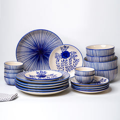 Blue Floral Hand-Painted Ceramic Dinnerware Set of 22