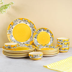 Yellow Ceramic Dinner Set with Black Floral Border - Set of 18