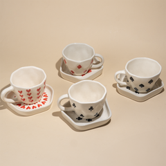 Handcrafted Ceramic Cup and Saucer Set of 4 with Playing Cards Design