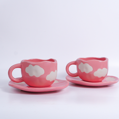 Pink with White Cloud Ceramic Cup and Saucer Set
