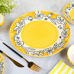 Yellow Ceramic Dinner Set with Black Floral Border - Set of 18