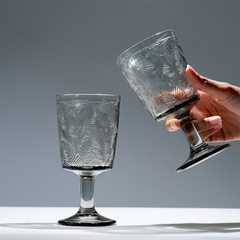 Smoky Black Palm Leaf Embossed Glass Goblet