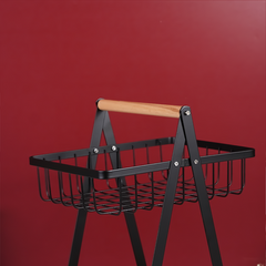 Black Two-Tier Metal Storage Basket - Kitchen Organizer with Wooden Handle