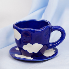 Navy Blue Cloud-Patterned Ceramic Cup and Saucer Set