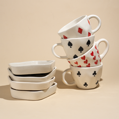 Handcrafted Ceramic Cup and Saucer Set of 4 with Playing Cards Design