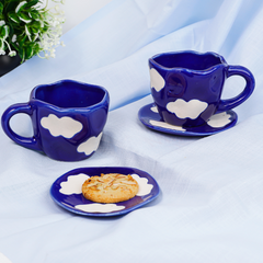 Navy Blue Cloud-Patterned Ceramic Cup and Saucer Set