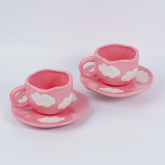 Pink with White Cloud Ceramic Cup and Saucer Set