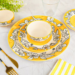 Yellow Ceramic Dinner Set with Black Floral Border - Set of 18