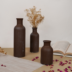 Rustic Brown Textured Bottleneck Vases | Set of 3