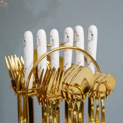 White and Gold Stainless Steel Cutlery Set of 24