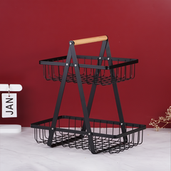 Black Two-Tier Metal Storage Basket - Kitchen Organizer with Wooden Handle