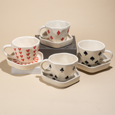 Handcrafted Ceramic Cup and Saucer Set of 4 with Playing Cards Design