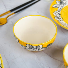 Yellow Ceramic Dinner Set with Black Floral Border - Set of 18