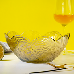 Champagne Gold Scalloped Glass Bowl - Ribbed Leaf Pattern Design
