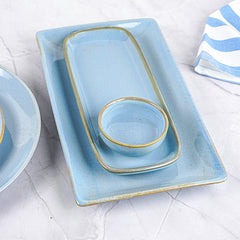 Light Blue Ceramic Dinner Set with Rustic Gold Rim Finish - Set of 21