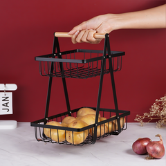 Black Two-Tier Metal Storage Basket - Kitchen Organizer with Wooden Handle