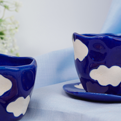 Navy Blue Cloud-Patterned Ceramic Cup and Saucer Set