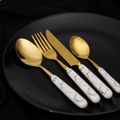 White and Gold Stainless Steel Cutlery Set of 24