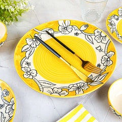 Yellow Ceramic Dinner Set with Black Floral Border - Set of 3