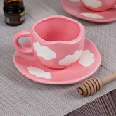 Pink with White Cloud Ceramic Cup and Saucer Set