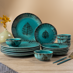 Ceramic Dinnerware Set with Black Tree Motif - Set of 18