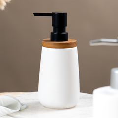 Matte White Ceramic with Bamboo Soap Dispenser