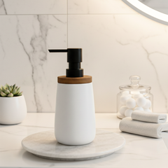Matte White Ceramic with Bamboo Soap Dispenser