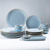 Light Blue Ceramic Dinner Set with Rustic Gold Rim Finish - Set of 20
