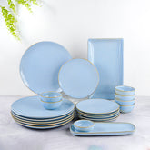 Light Blue Ceramic Dinner Set with Rustic Gold Rim Finish - Set of 21