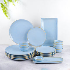 Light Blue Ceramic Dinner Set with Rustic Gold Rim Finish - Set of 21