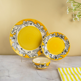 Yellow Ceramic Dinner Set with Black Floral Border - Set of 3