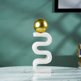 White Marble-Finish Zigzag Sculpture with Gold Sphere