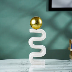 White Marble-Finish Zigzag Sculpture with Gold Sphere