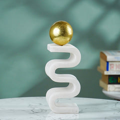 White Marble-Finish Zigzag Sculpture with Gold Sphere