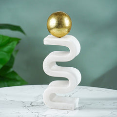White Marble-Finish Zigzag Sculpture with Gold Sphere