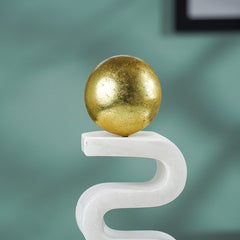 White Marble-Finish Zigzag Sculpture with Gold Sphere