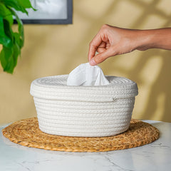 White Cotton Rope Tissue Box with Soft-Lid Closure