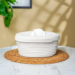 White Cotton Rope Tissue Box with Soft-Lid Closure