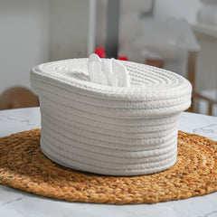 White Cotton Rope Tissue Box with Soft-Lid Closure