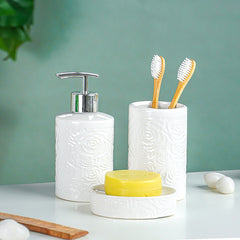 White Embossed Rose Ceramic Bathroom Set of 3