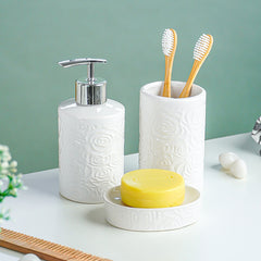 White Embossed Rose Ceramic Bathroom Set of 3