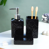 Black Glossy Ceramic Bathroom Set with Embossed Leaf Pattern Set of 3